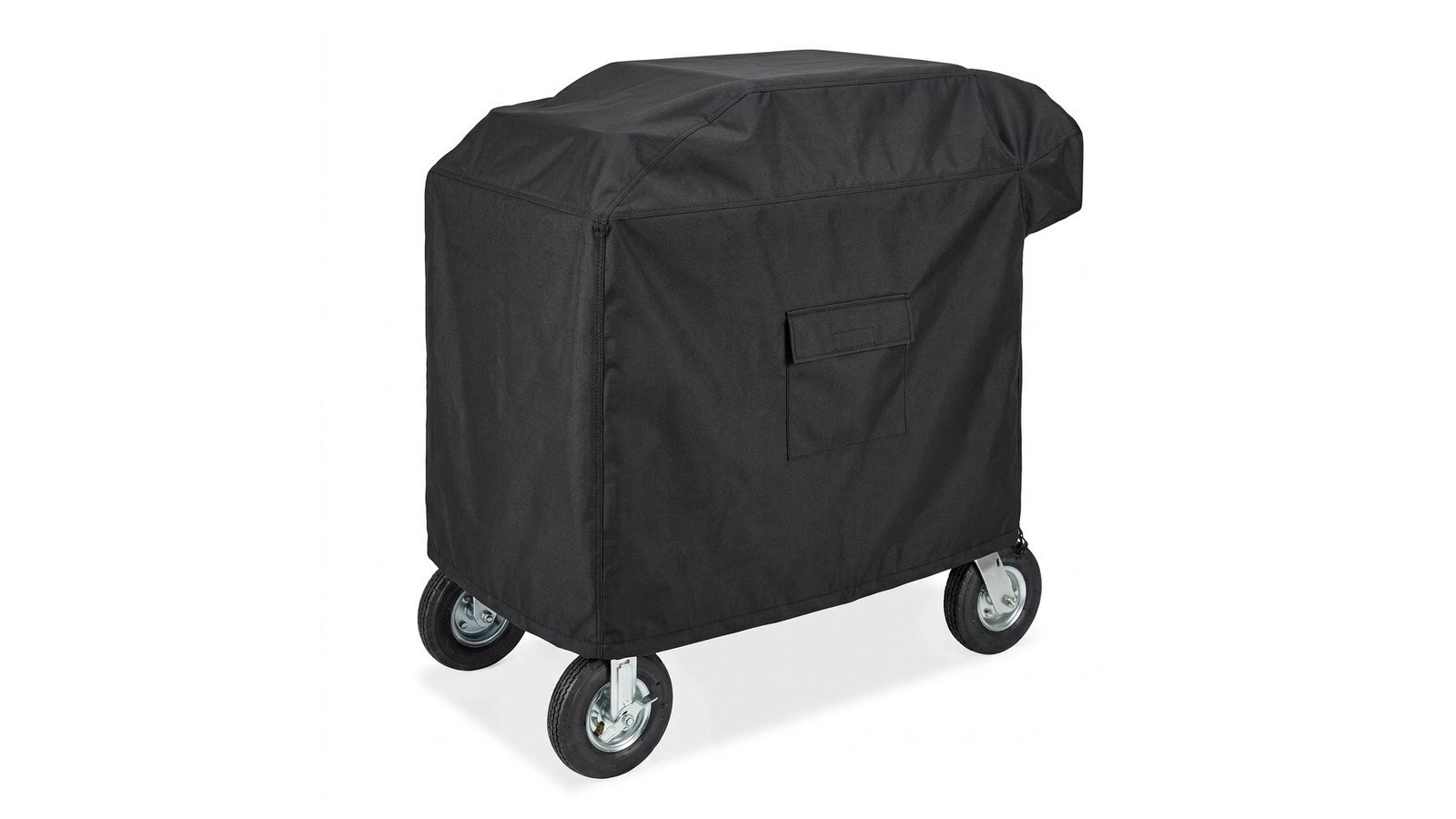 Utility cart with a fitted black cover on large pneumatic wheels